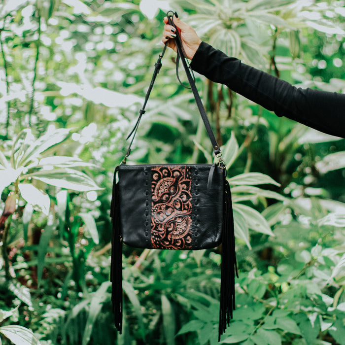 Genuine Leather Floral Tooled Fringe Crossbody Bag