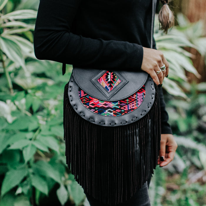 Boho Saddle Bag with Fringe - Small - Artisan Collection - Full Leather - Deep Emerald